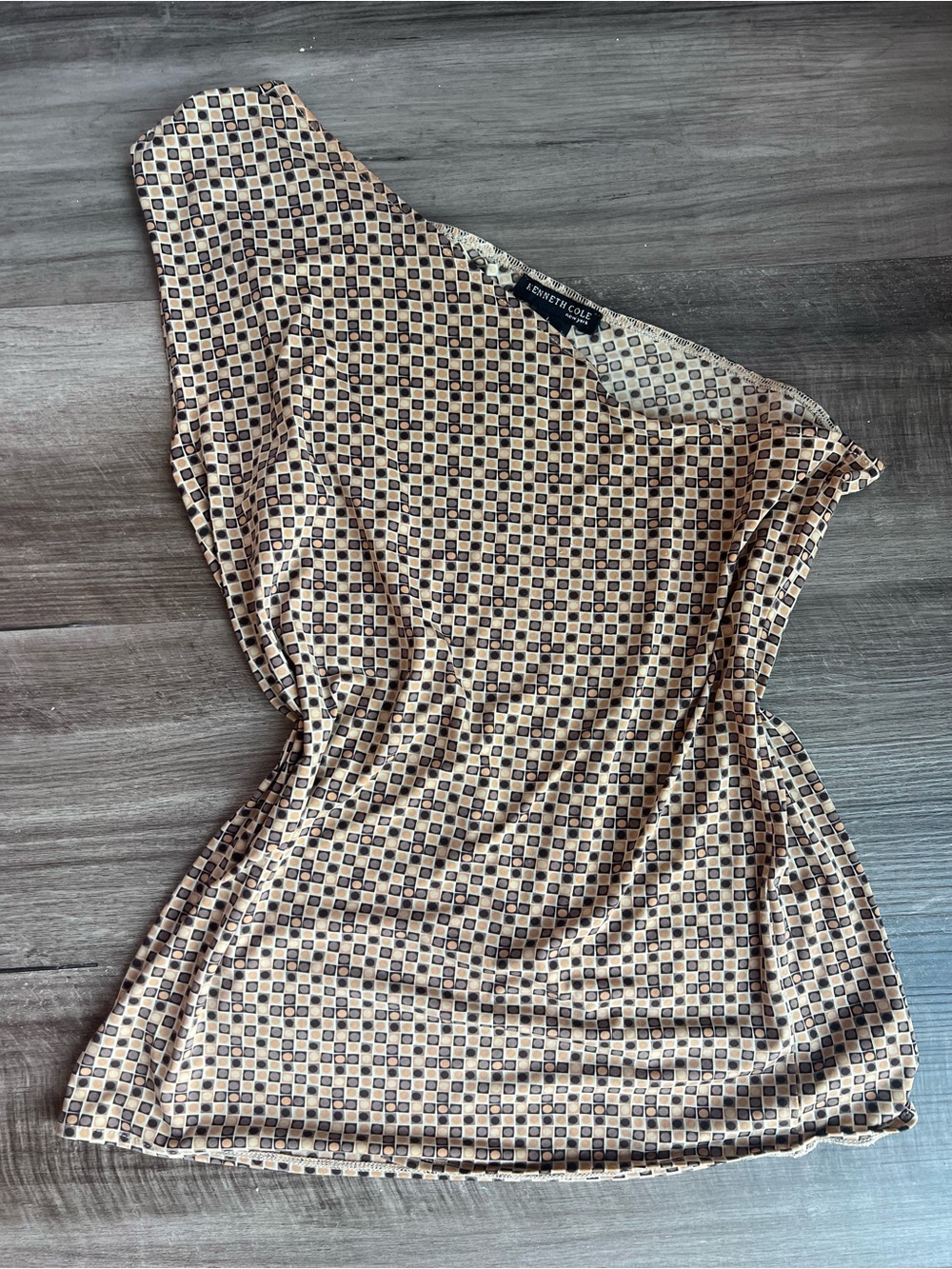 Kenneth Cole Beige and Black One-Shoulder Printed Dress